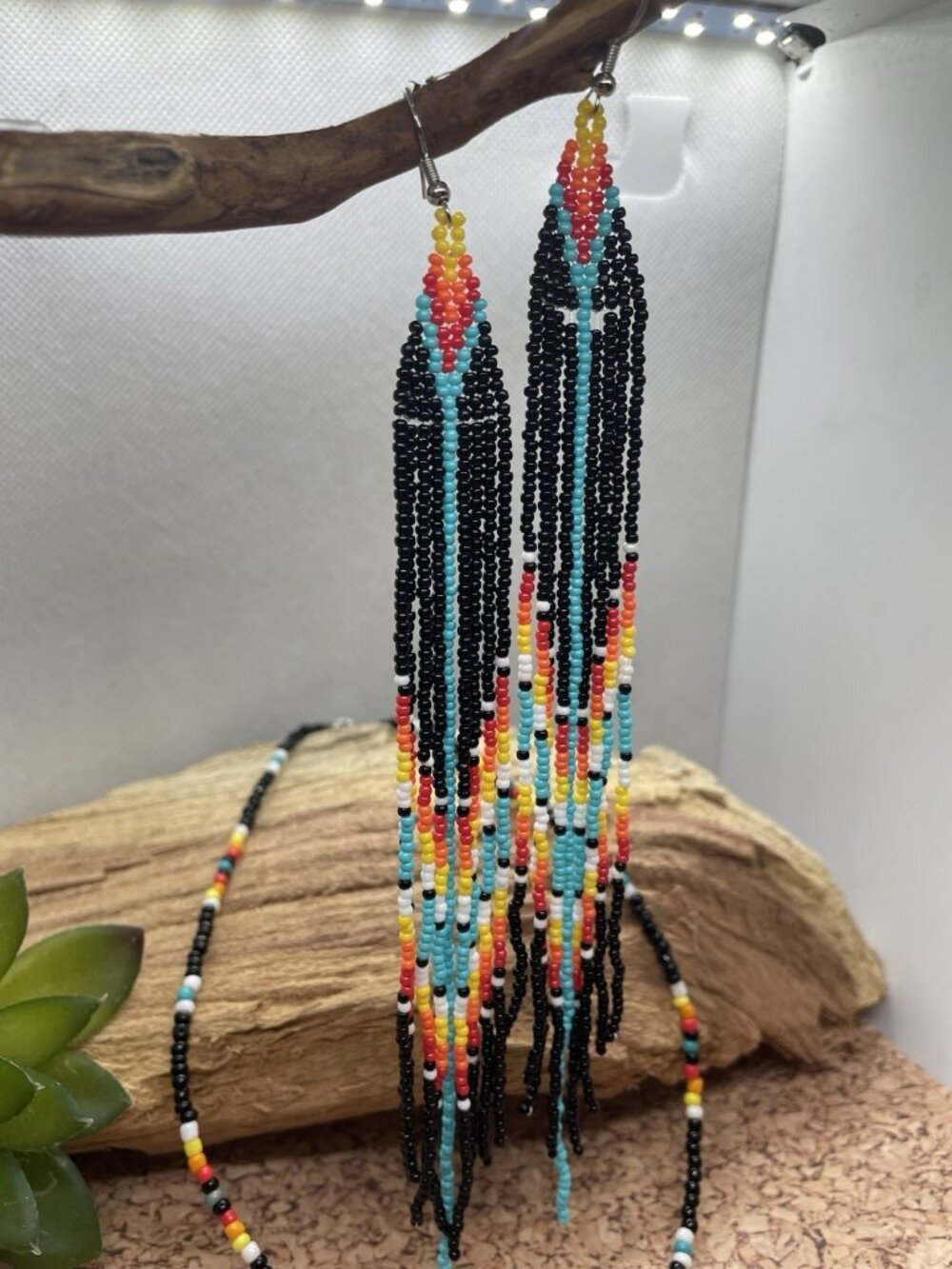 Black TURQUOISE 7" Handmade Earrings Fun Seed Bead Necklace Set Boho Choker